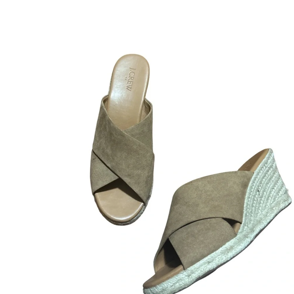 J.Crew Tan Suede Espadrille Wedge Slides Womens 9.5 Criss Cross Sandals